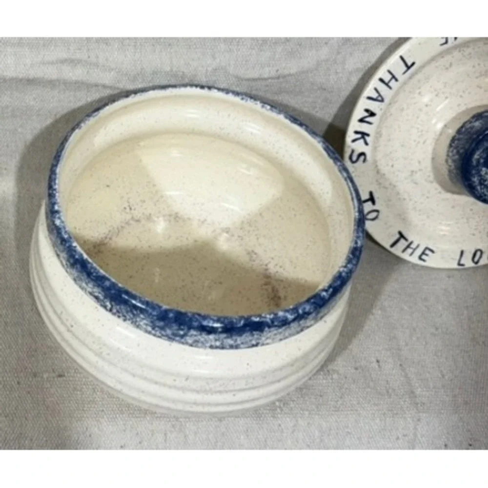 KW Studio Pottery Canister Give Thanks To The Lord Blue Cream Speckled 5x5